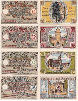 Notgeld der Stadt Meiningen. Vier Scheine über 75 Pfennig.