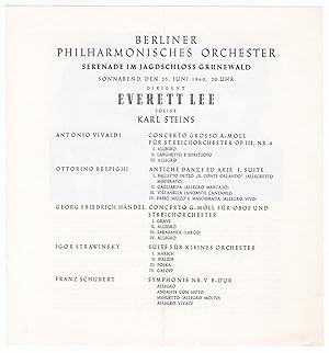 Programmblatt Berliner Philharmonisches Orchester, Juni 1960, Serenade im Jagdschloss Grunewald, ...