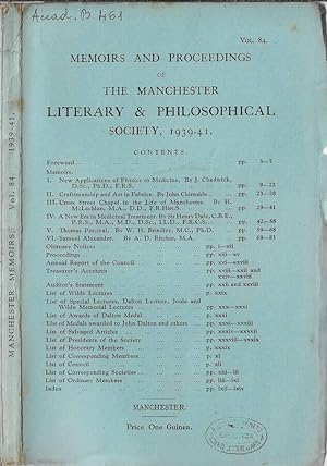 Bild des Verkufers fr Memoirs and proceedings of the Manchester literary & philosophical society Volume LXXXIV 1939-41 (Manchester memoirs) zum Verkauf von Biblioteca di Babele