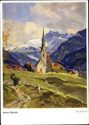 Künstler Ansichtskarte / Postkarte Maurus, H., Kanton Graubünden, Im Inntal, Kirche