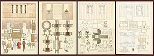 Original Art - 4 Dollhouse Rooms, Furniture and Paper Doll Occupants - Dining-Room, Sitting-Room,...