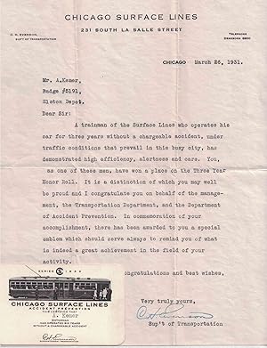 Seller image for 1931 Chicago Surface Lines Letter and Pocket-Card - Acknowledgement of "Three Year Honor Roll" for Safety for sale by Crossroad Books