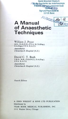 Imagen del vendedor de A Manual of Anaesthetic Techniques; a la venta por books4less (Versandantiquariat Petra Gros GmbH & Co. KG)