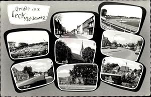 Seller image for Ansichtskarte / Postkarte Leck in Nordfriesland, Schwimmbad, Hauptstr., Stadion, Kirche, Berg- u. Birkstrae, Auepartie for sale by akpool GmbH