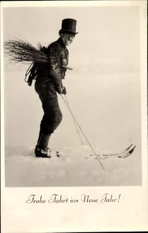 Ansichtskarte / Postkarte Glückwunsch Neujahr, Schornsteinfeger auf Skiern
