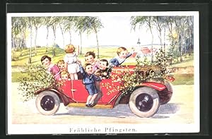 Bild des Verkufers fr Knstler-Ansichtskarte Kinder fahren zu acht in einem roten Auto, Szene zu Pfingsten zum Verkauf von Bartko-Reher