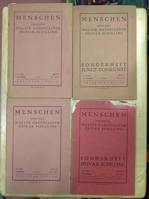 Bild des Verkufers fr Menschen. Zeitschrift neuer Kunst. 3. Jahr 1920, Hefte 1-4 (= Nr. 87/91, 92/93, 94/96 u. 97/98). Mit ganzseitigen Abbildungen von Arbeiten von Natalia Gontcharova, Bernhard Hoetger, Oskar Kokoschka: Lithographie aus der Bach-Mappe und Alexander Friedrich: Praeludium IV aus dem Radierwerk "Musik", Hans Poelzig, Josef Achmann, Otto Lange, Walter O. Grimm und Texten von Walter Rheiner, Kurt Heynicke, Rudolf Leonhard, Friedrich Sieburg, Heinar Schilling (auch Heft 4: Sonderheft "Heinar Schilling Lyrik 1920"), Ossip Kalenter, Mynona (d.i. Salomo Friedlaender). Heft 2 "Sonderheft Junge Tonkunst" mit Beitrgen, jeweils mit Noten, von Otto Klemperer, Ernst-Lothar von Knorr, Karl Spannagel, Franz Schreker und Paul Hasenclever und einem Text von Ernst Bloch: ber das Ding an sich in der Musik. zum Verkauf von NORDDEUTSCHES ANTIQUARIAT