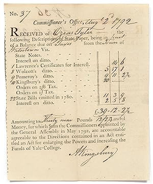 Partially printed receipt Signed by Kingsbury for State Paper used "for enlarging the Powers and ...