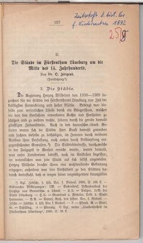 Seller image for Die Stnde im Frstenthum Lneburg um die Mitte des 14. Jahrhunderts. 3. Die Stdte ( Aus: Zeitschrift des historischen Vereins fr Niedersachsen, 1892, - hier Teil II ). for sale by Antiquariat Carl Wegner