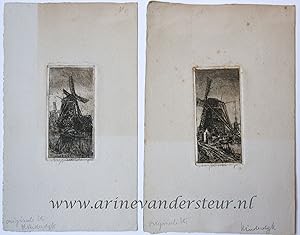 [Two modern prints; etchings] Mills at Kinderdijk (molens in Kinderdijk), published before 1950.