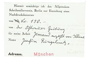 Imagen del vendedor de Eigenhndig ausgefllter Vordruck mit Unterschrift. a la venta por Kotte Autographs GmbH