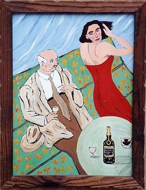 "ABSINTHE ELIXIR CUSENIER" Peinture sur bois encadrée / Gouache par SEBERT vers 1950