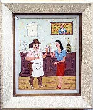 "ABSINTHE ELIXIR CUSENIER" Peinture sur bois encadrée / Gouache par SEBERT vers 1950