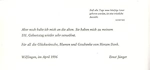 Schriftsteller (1895-1998): Dankeskarte zum 101. Geburtstag.