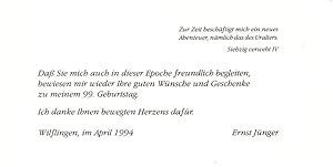 Schriftsteller (1895-1998): Dankeskarte zum 99. Geburtstag.