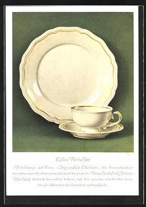 Ansichtskarte Teller und Tasse Zweiklang auf Form Chippendale , Rosenthal-Porzellan-Manufaktur