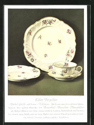 Ansichtskarte Teller und Tasse Bärbel-Gold auf Form Viktoria, Rosenthal-Porzellan-Manufaktur