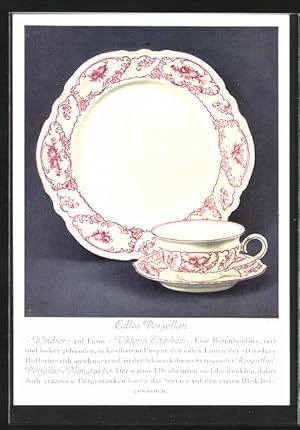 Ansichtskarte Teller und Tasse Windsor auf Form Viktoria , Rosenthal-Porzellan-Manufaktur