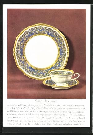 Ansichtskarte Teller und Tasse Soirée auf Form Chippendale , Rosenthal-Porzellan-Manufaktur