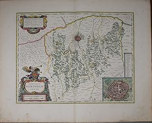 Bild des Verkufers fr Territorium Norimbergense". Kupferstich mit zwei zeitgenssisch kolorierten dekorativen Kartuschen und rechts unten mit einer Gesamtansicht von Nrnberg aus der Vogelschau sowie mit zeitgenssischenm Grenz- und Landschaftskolorit. zum Verkauf von Antiquariat  Braun