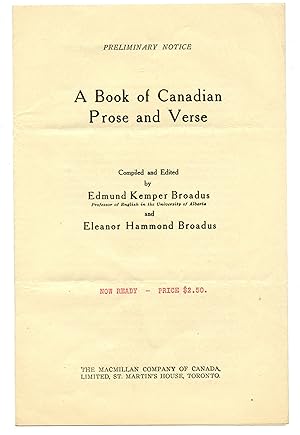 Seller image for Preliminary notice" and order form for "A Book of Canadian Prose and Verse" for sale by Attic Books (ABAC, ILAB)