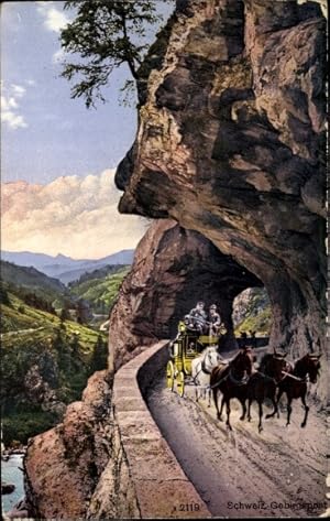 Ansichtskarte / Postkarte Schweiz, Gebirgspass, Postkutsche, Vier Pferde, Abhang, Tunnel