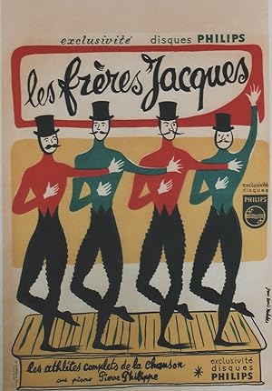 "LES FRÈRES JACQUES" Affiche originale entoilée DISQUES PHILIPS / Litho Jean Denis MALCLES (1955)...