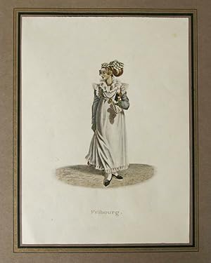 Image du vendeur pour Femme en costume de ville, cheveux en chinion portant une mouchoir et une bible. Text: Fribourg. mis en vente par Harteveld Rare Books Ltd.