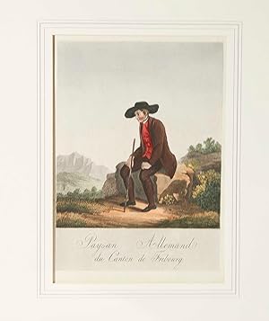 Seller image for Paysan Allemand du Canton de Fribourg.(Un homme en costume assise sur une pierre, avec un baton dans la main). for sale by Harteveld Rare Books Ltd.