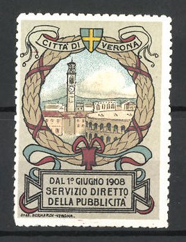Bild des Verkufers fr Reklamemarke Verona, Dal. 1. Guigno 1908 Servizio Diretto della Pubblicita, Stadtansicht zum Verkauf von Bartko-Reher