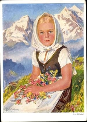 Künstler Ansichtskarte / Postkarte Schlieben, H. v., Bergblumen, Mädchen im Gebirge
