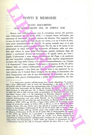 Bild des Verkufers fr Nuovi documenti sull'allocuzione del 29 aprile 1848. zum Verkauf von Libreria Piani