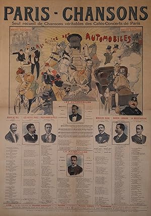 "PARIS - CHANSONS : A LA GLOIRE DES AUTOMOBILES" Affiche originale entoilée / Chromotypographie I...