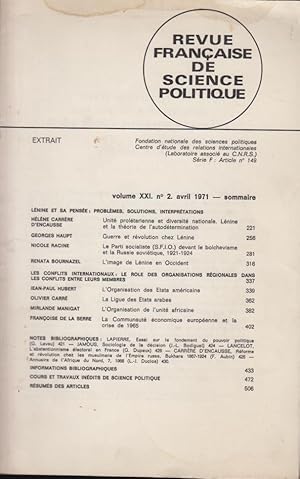 Image du vendeur pour Revue Franaise de Science Politique. - Vol. XXI, N 2 - Extrait : Le Parti socialiste (S.F.I.O.) devant le bolchvisme et la Russie sovitique, 1921-1924. - envoi autographe de l'auteur COPY SIGNED BY THE AUTHOR mis en vente par PRISCA