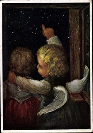 Künstler Ansichtskarte / Postkarte Spötl, Maria, Blick auf zum Sternenmeer, Engel