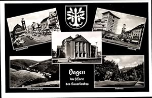 Seller image for Ansichtskarte / Postkarte Hagen Kreis Arnsberg im Sauerland, Hauptbahnhof, Stadttheater, Stadtwald, Wappen for sale by akpool GmbH