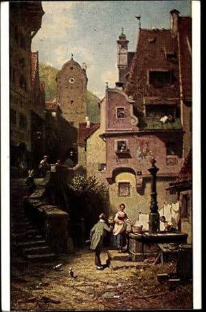 Künstler Ansichtskarte / Postkarte Spitzweg, Carl, Der Hochzeiter, Frauen und Mann am Brunnen - A...