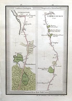 Antique Map HAMPSHIRE,London LYMINGTON, CHRISTCHURCH Mogg Road Strip Road Map 1817