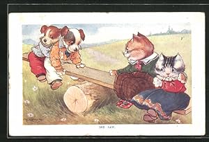 Image du vendeur pour Knstler-Ansichtskarte A. E. Kennedy: Hunde und Katzen auf einer Holzwippe - see saw mis en vente par Bartko-Reher
