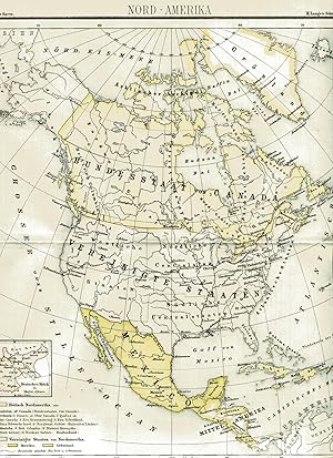 Bild des Verkufers fr Nord-Amerika. Politische Karte. Mastab: 1 : 31 000 000. Nebenkarte: Deutsches Reich. Kolorierter Stahlstich um 1886 zum Verkauf von Antiquariat Kastanienhof