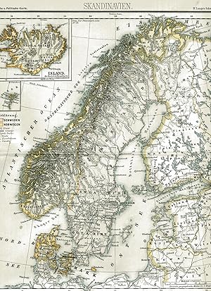 Bild des Verkufers fr Skandinavien. Physikalische und Politische Karte. Mastab: 1 : 7 100 000. Nebenkarte: Island. Kolorierter Stahlstich um 1886 zum Verkauf von Antiquariat Kastanienhof