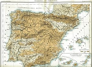 Bild des Verkufers fr Spanien und Portugal. Physikalisch-politische Karte. Mastab: 1 : 4 500 000. Nebenkarte: Die canarischen Inseln. Kolorierter Stahlstich um 1886 zum Verkauf von Antiquariat Kastanienhof