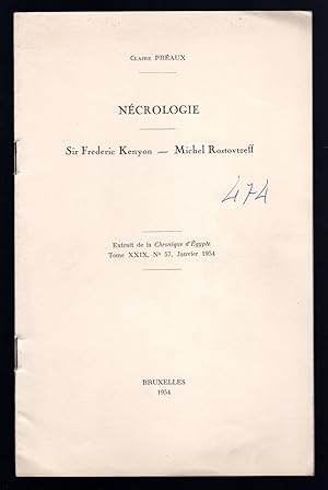 Bild des Verkufers fr Necrologie. Sir Frederic Kenyon - Michel Rostovtzeff zum Verkauf von Sergio Trippini