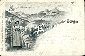 Ansichtskarte / Postkarte Gruß aus den Bergen, Frau in Tracht, Dirndl