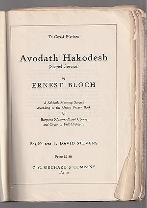 Seller image for Avodath Hakodesh (Sacred Service) A Sabbath Morning Service According to the Union Prayer Book for Barytone (Cantor) , Mixed Chorus & Organ or Full Orchestra for sale by Meir Turner