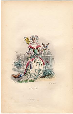 Antique Print-FLOWERS PERSONIFIED-WOMAN AS CARNATION-BUTTERFLY.-Grandville-1852