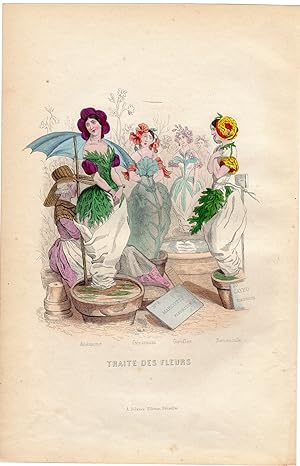 Antique Print-FLOWERS PERSONIFIED-GERANIUM-WALLFLOWER-BUTTERCUP-Grandville-1852