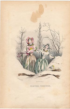Antique Print-FLOWERS PERSONIFIED-WOMAN-PRIMULA-SNOWFLAKE-WINTER-Grandville-1852