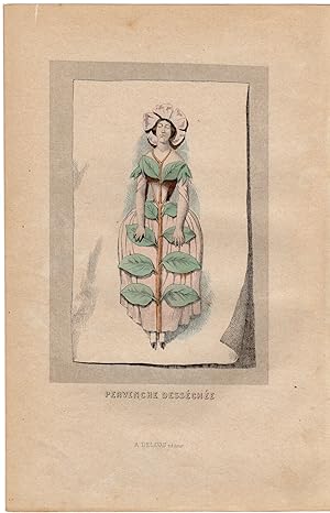 Antique Print-FLOWERS PERSONIFIED-WOMAN AS PERIWINKLE-VINCA-Grandville-1852