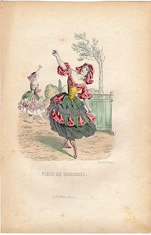 Antique Print-FLOWERS PERSONIFIED-WOMAN AS POMEGRANATE FLOWERS-Grandville-1852
